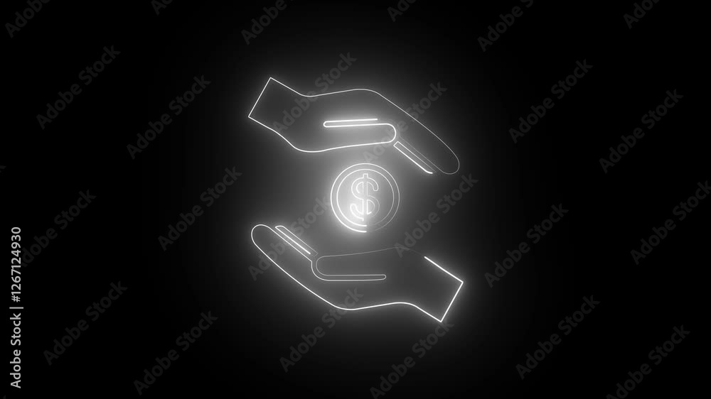 Glowing neon hand and dollar icon – Technical support and financial assistance gears on black background