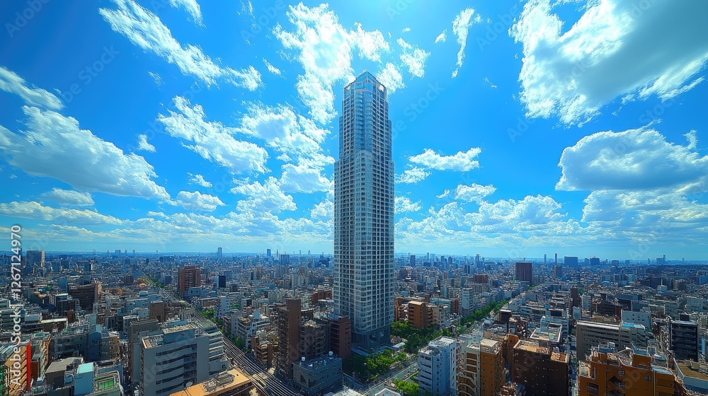 Fototapeta premium Skyscraper Towering Over Urban Landscape Under Bright Blue Sky with Fluffy Clouds in Background