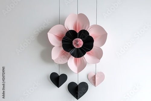 Pink and black paper flower decoration hanging on a white wall.