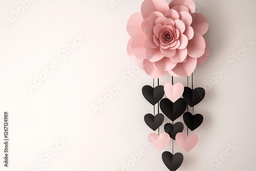 Pink Paper Flower and Black and Pink Paper Hearts Decor