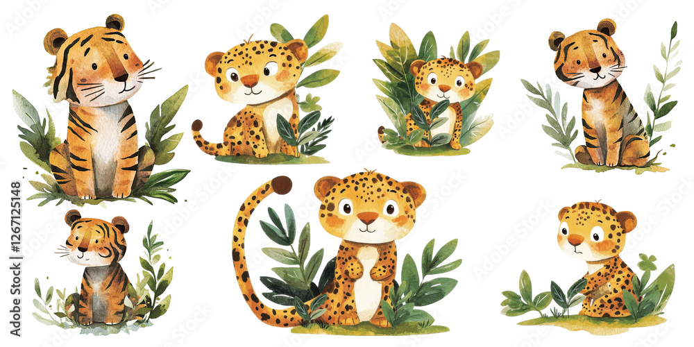 Obraz premium Charming collection of illustrated jungle animals showcasing playful leopards and tigers among lush greenery