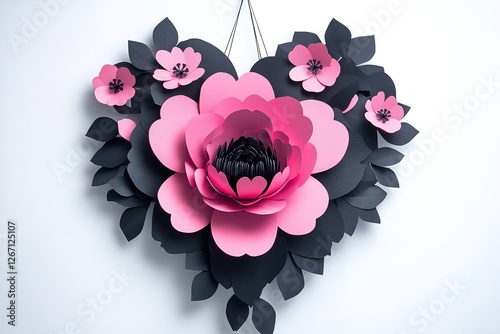 Heart-shaped arrangement of pink and black paper flowers