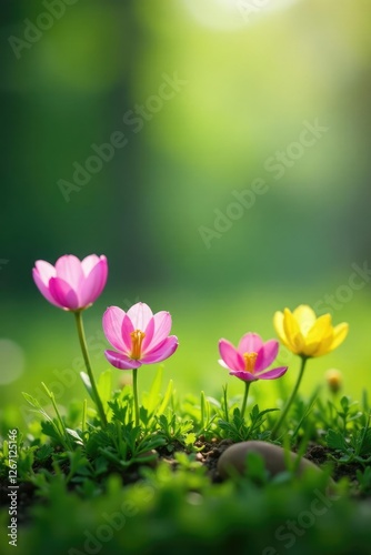 Tiny flowers buried under the blades of grass, Easter decorations, blooming flowers, floral arrangements