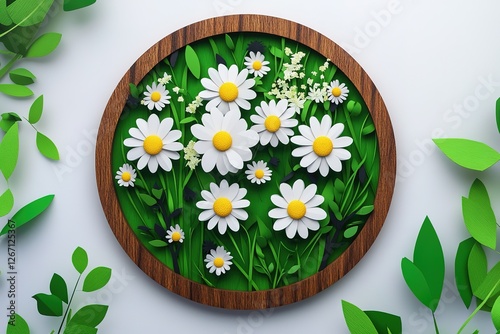 Delicate Floral Art Print with Daisies in a Wooden Frame