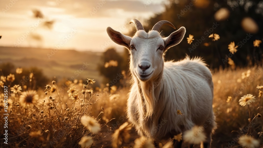 A serene goat stands in a sunlit field adorned with flowers, evoking tranquility and nature. A serene goat stands in a sunlit field adorned with flowers, evoking tranquility and nature.