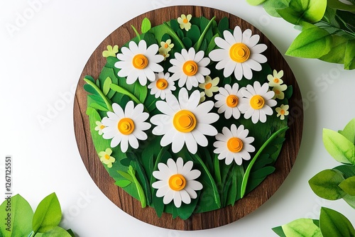 Whimsical paper daisy arrangement on a wooden disc