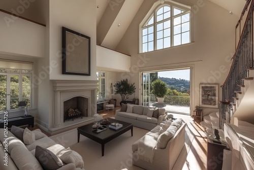 Luxurious living room, hilltop view, sunlit, fireplace, staircase photo