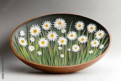 Detailed wooden bowl adorned with paper-cut daisy flowers.