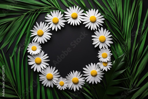 Delicate Daisies Frame Tropical Leaves on a Dark Background
