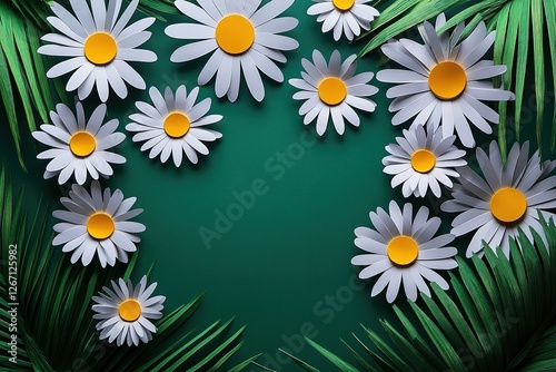 Paper Daisies and Tropical Leaves on a Deep Green Background