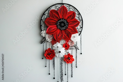 Striking red and white paper flower dream catcher on a light gray wall.
