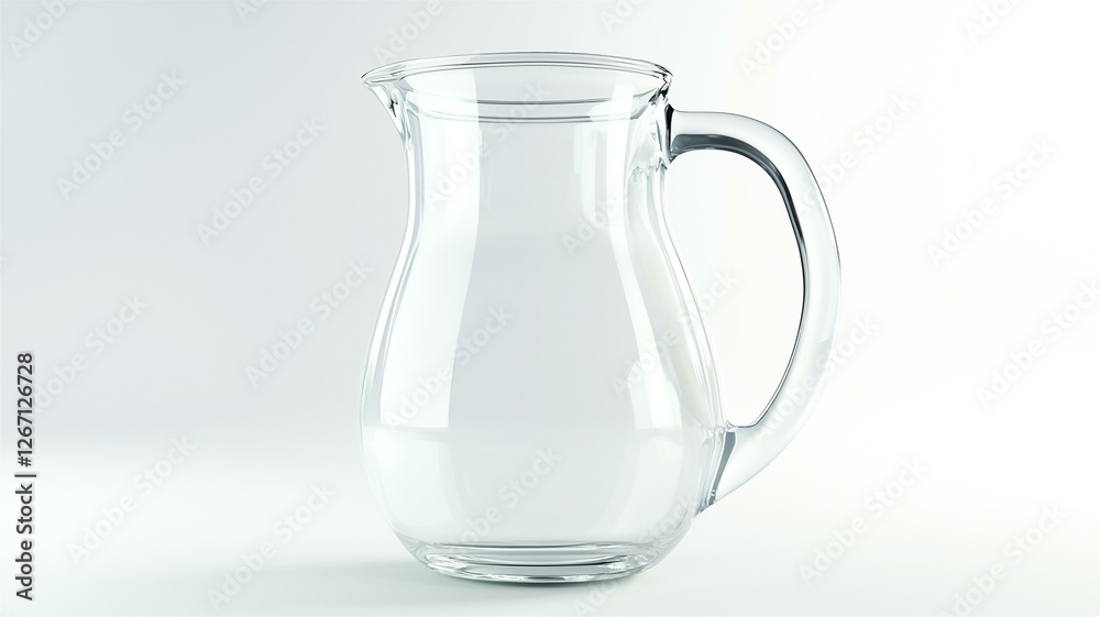 Photorealistic image of a clear glass milk jug with a small spout, isolated on a white background
Photorealistic image of a clear glass milk jug with a small spout, isolated on a white background