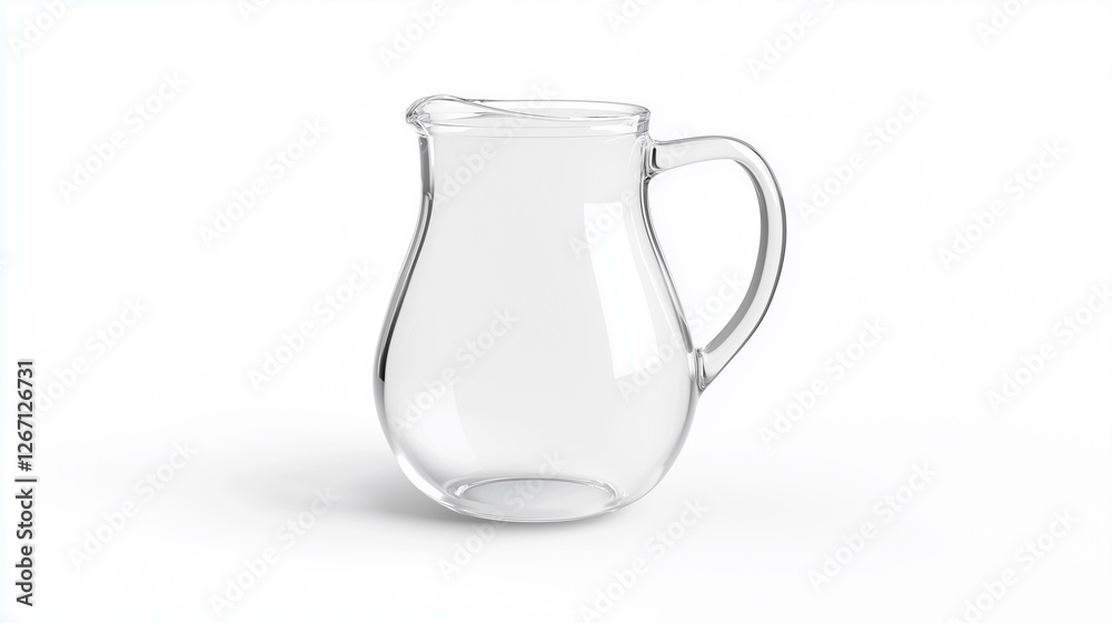 Photorealistic image of a clear glass milk jug with a small spout, isolated on a white background
Photorealistic image of a clear glass milk jug with a small spout, isolated on a white background