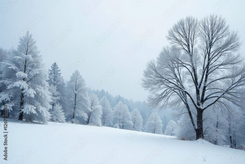 Snow-covered trees with bare branches against a gray sky, branches, gray sky, icy Snow-covered trees with bare branches against a gray sky, branches, gray sky, icy