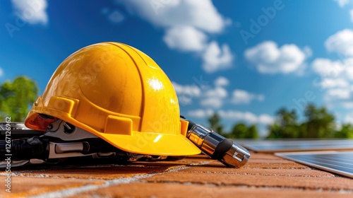 Construction helmet on rooftop solar panels photo