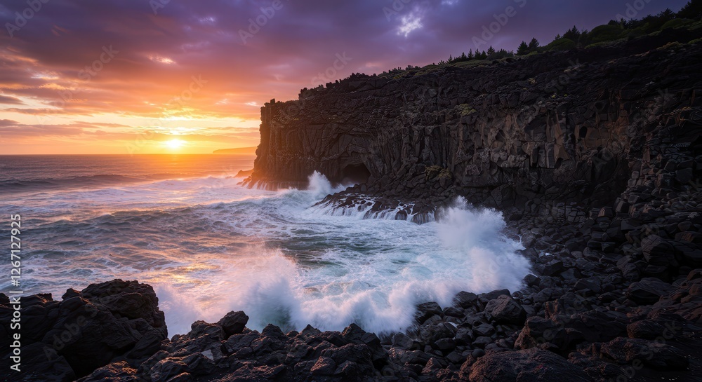 Fototapeta premium Dramatic Coastal Cliff at Sunset with Crashing Waves and Colorful Sky