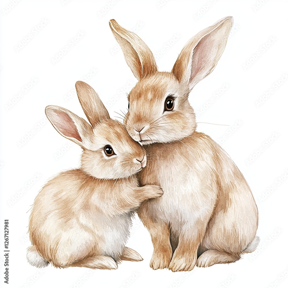 Obraz premium Adorable Baby Rabbit with Mother Watercolor Design Isolated on White