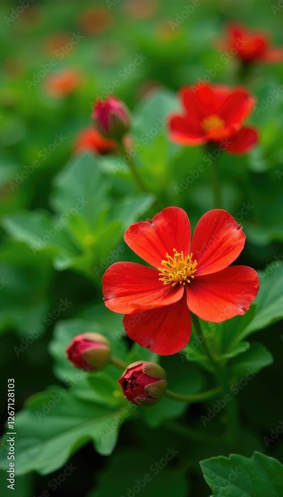 Showy red flowers blooming among the potato-like tubers on a dense green bush, flowers, greenery Showy red flowers blooming among the potato-like tubers on a dense green bush, flowers, greenery