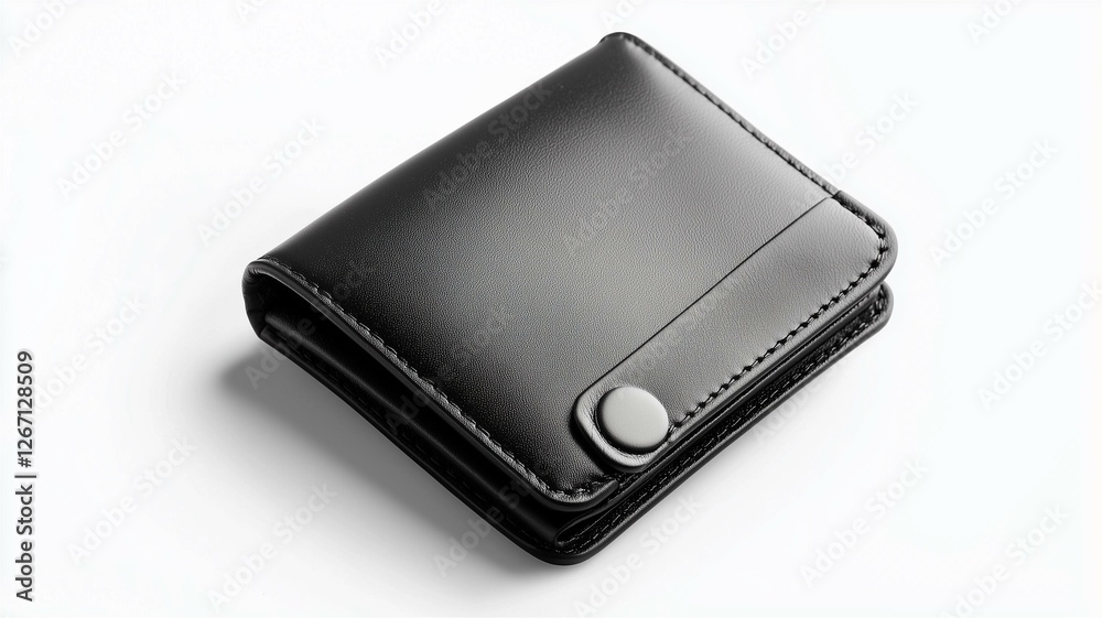 Photorealistic image of a black leather coin wallet with a snap closure, isolated on a white background
Photorealistic image of a black leather coin wallet with a snap closure, isolated on a white background