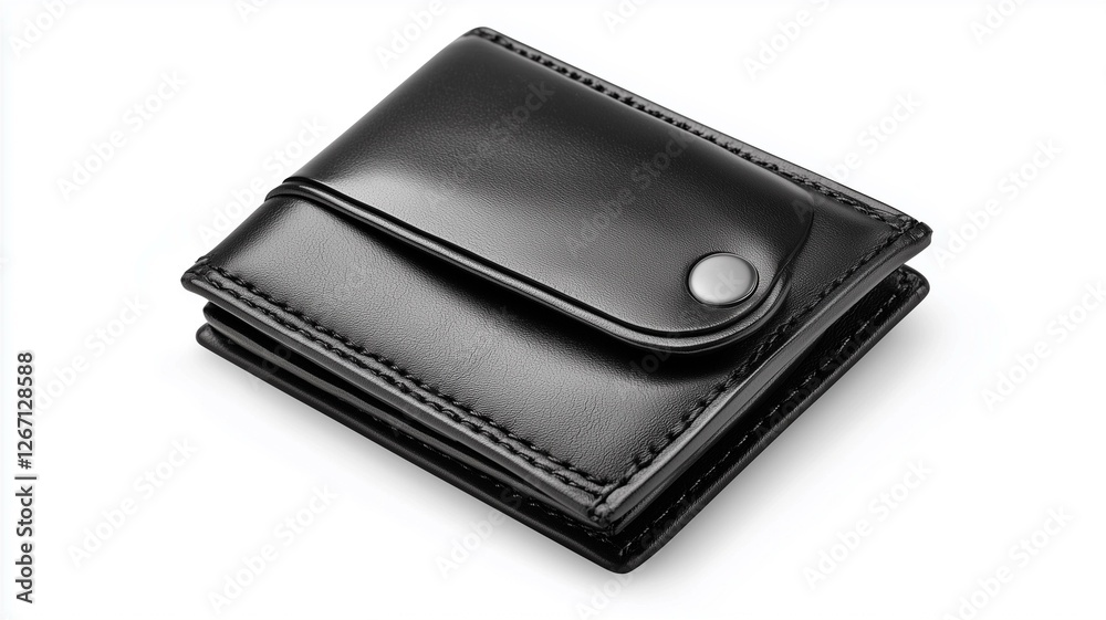 Photorealistic image of a black leather coin wallet with a snap closure, isolated on a white background
Photorealistic image of a black leather coin wallet with a snap closure, isolated on a white background