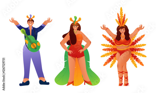 set of three Brazilian Carnival Samba dancers male and female character. Vector illustration of Latin boy and girls wearing feather dance costume.