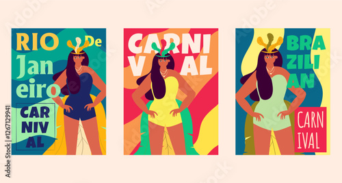 Brazilian Carnival festival. Mardi gras and rio de janeiro celebration. Vector illustration of magazine cover, poster, brochure template trendy flat style design set.