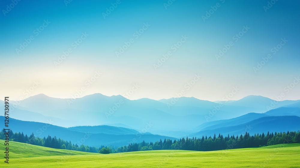 Obraz premium Scenic Landscape of Rolling Hills, Forest, and Mountains Under Clear Blue Sky