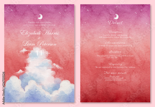 Watercolor wedding invitation with soft pink sky background and moon