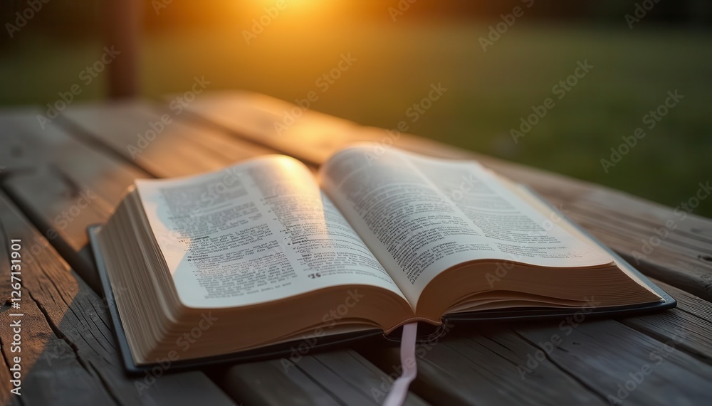 Open Bible on Wooden Picnic Table at Sunset Open Bible on Wooden Picnic Table at Sunset