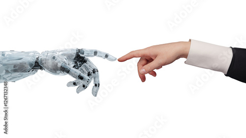 White cyborg robotic hand pointing his finger to human hand with stretched finger - cyber la creation - isolated on free PNG background.