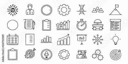 Management set of web icons in linear style. Project management icons for web and mobile app. Business, organisation management, planning, project, startup, marketing, teamwork. Vector illustration
