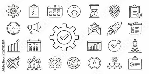 Management set of web icons in linear style. Project management icons for web and mobile app. Business, organisation management, planning, project, startup, marketing, teamwork. Vector illustration