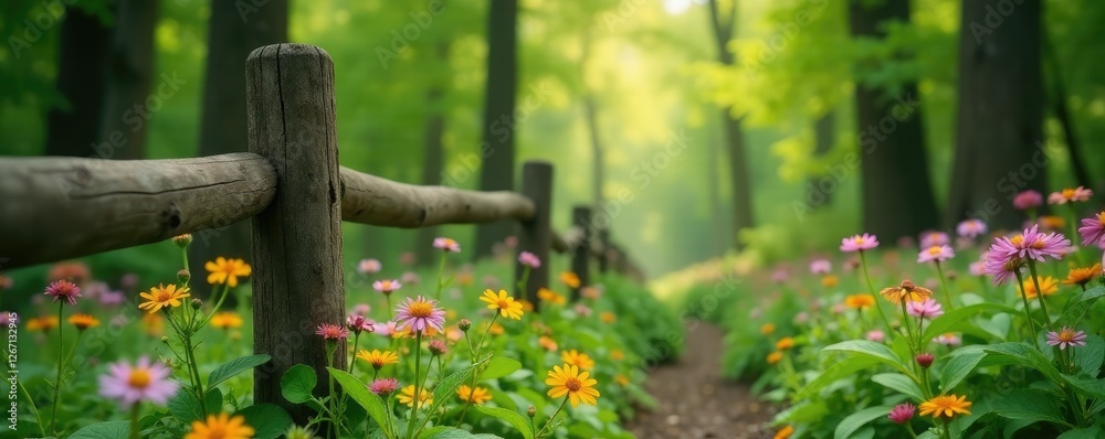 Forest fence post covered in blooming flowers, natural, wildflowers Forest fence post covered in blooming flowers, natural, wildflowers