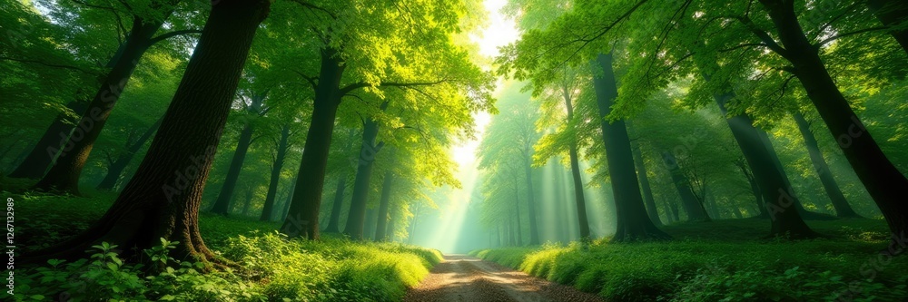 Obraz premium Forest canopy with sunlight filtering through, dappled, light