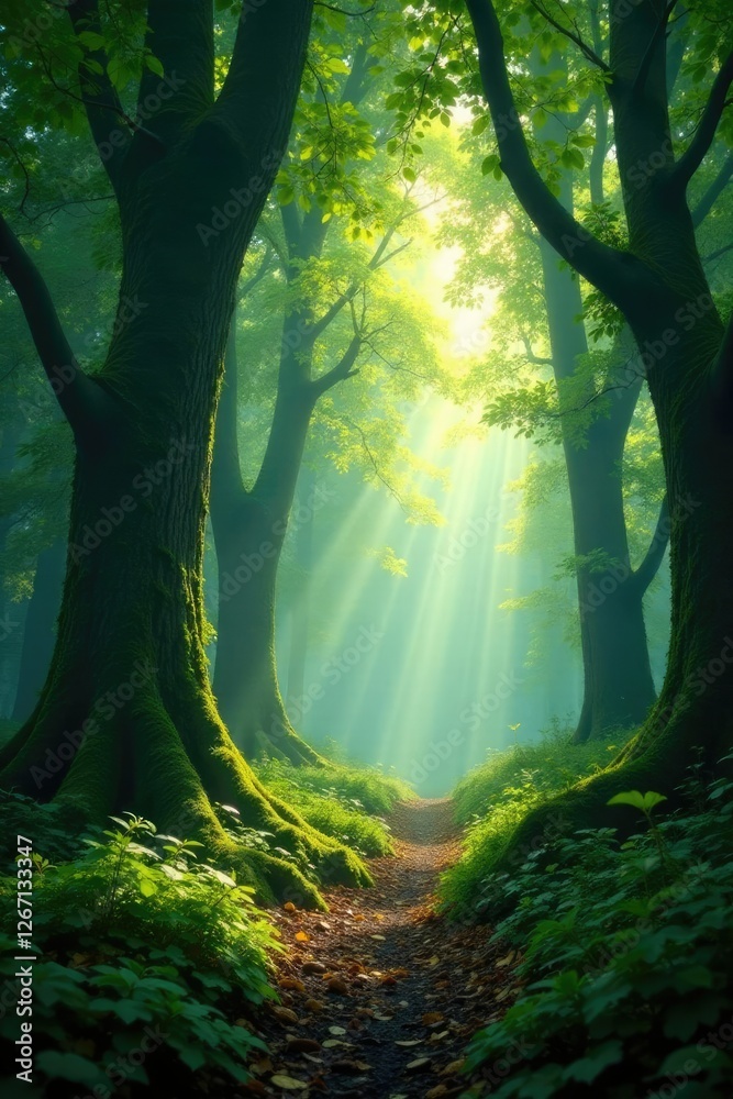 Obraz premium Dense forest with ancient trees and sunlight filtering through leaves, misty, foliage