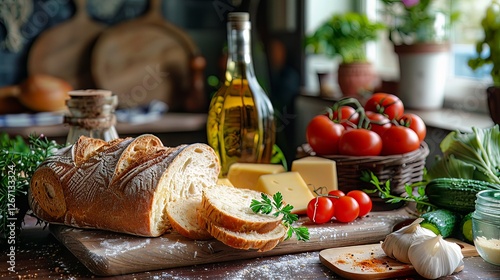room who is bread, cucumber, cheese, tomatoes and fresh juice on the table 
