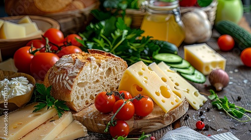 room who is bread, cucumber, cheese, tomatoes and fresh juice on the table 