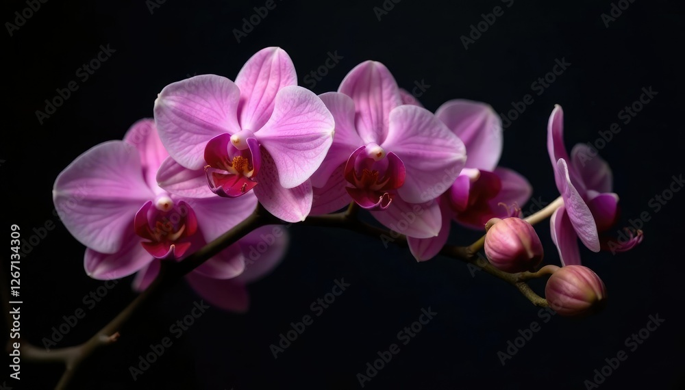 Delicate pink orchid branches sway gently on a dark background, floral, foliage, pink orchids black Delicate pink orchid branches sway gently on a dark background, floral, foliage, pink orchids black
