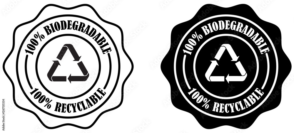 Obraz premium Biodegradable and recyclable product badge collection set on white background. Environmental friendly biodegradable recycling seal. Eco safe certification vector design. Vector illustration 