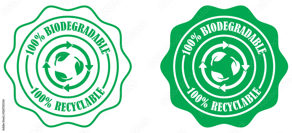 Obraz premium Biodegradable product badge set collection on white background. Zero waste compostable packaging. Eco certified recyclable product badge. Nature friendly biodegradable packaging. Vector illustration