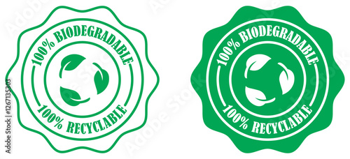 Biodegradable recyclable vector icon set collection on white background. Eco friendly biodegradable certification badge. 100 percent recyclable eco label design. Vector illustration
