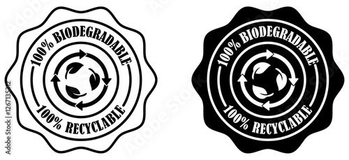 100 percent biodegradable badge collection set on white background. Sustainability certification badge ecofriendly. Organic product recyclable biodegradable emblem. Vector illustration