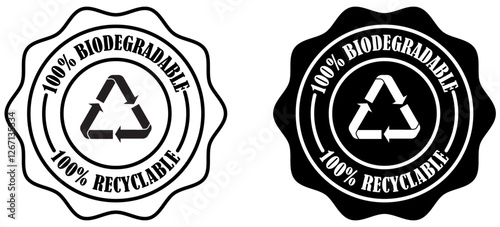 Biodegradable and recyclable product badge collection set on white background. Environmental friendly biodegradable recycling seal. Eco safe certification vector design. Vector illustration 