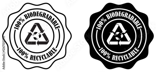 100 percent biodegradable and recyclable product badge collection set. Eco certified recyclable product badge. Nature friendly biodegradable packaging sticker. zero waste icons. Vector illustration 