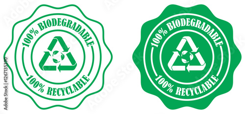 Biodegradable and recyclable product packaging badge set. Eco certified recyclable product badge. Nature friendly biodegradable packaging sticker. Recycling green emblem. Vector illustration