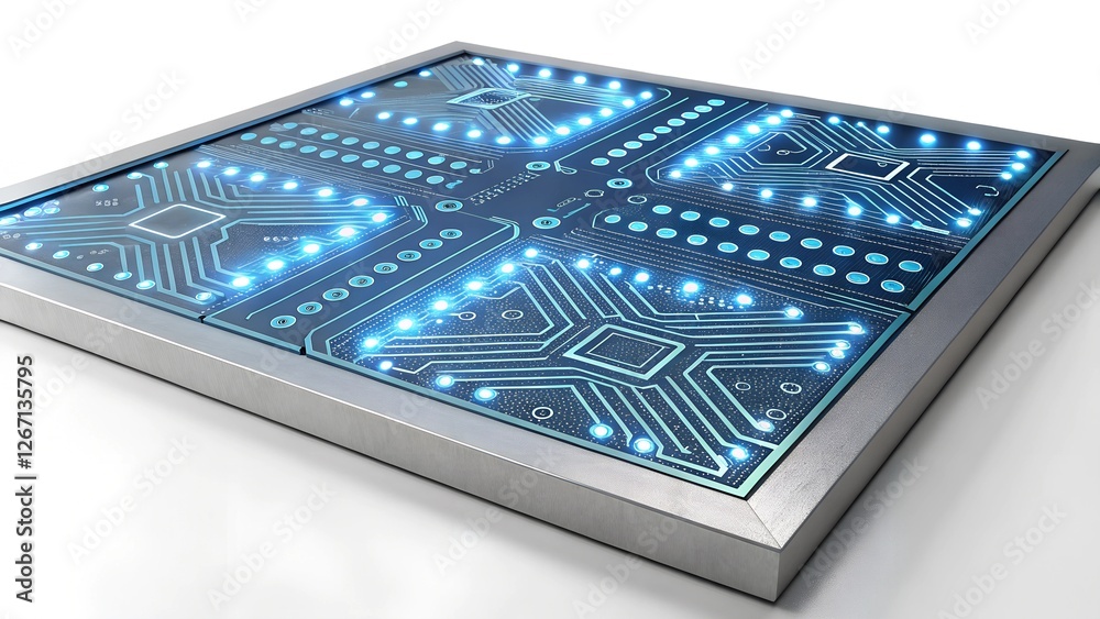 A glowing circuit board with multiple integrated circuits and a metallic frame. A glowing circuit board with multiple integrated circuits and a metallic frame.