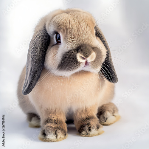 A fluffy, tan-and-gray lop-eared rabbit sits attentively against a bright, neutral backdrop, its whiskers prominent and eyes alert.