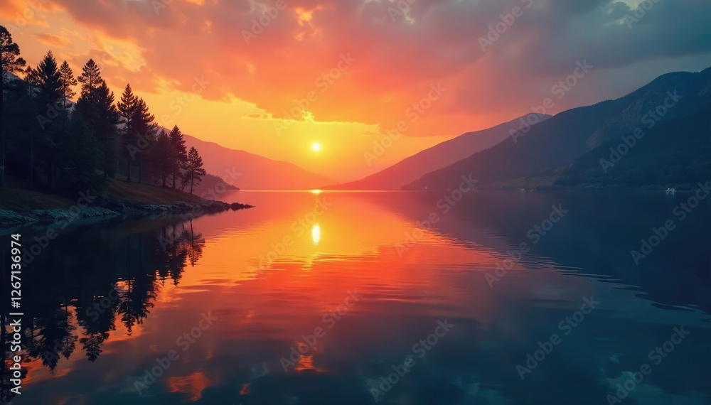 Obraz premium A desolate lake at sunset with an intense orange glow on its waters, peaceful, landscape