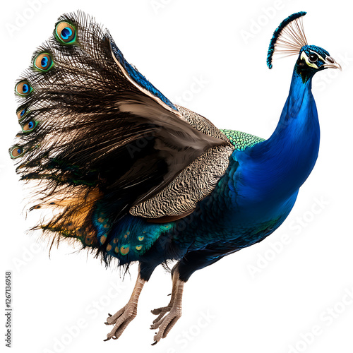 A vibrant peacock with iridescent blue plumage and a majestic tail, isolated against a white background. photo