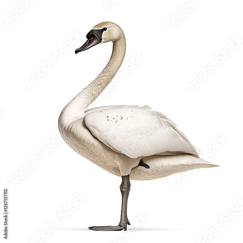 Elegant white swan standing gracefully on one leg, isolated against a pristine white backdrop, showcasing its long neck. photo